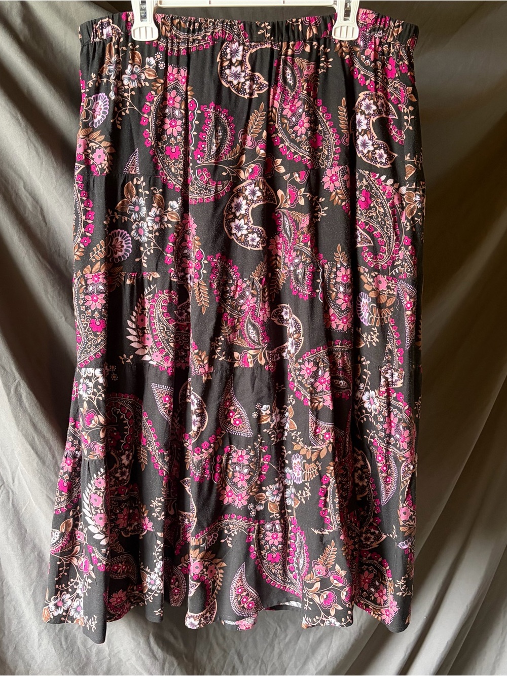 ELEMENTZ MIDI Skirt Paisley Black Pink Boho Floral Tiered Summer Stretchy 1X